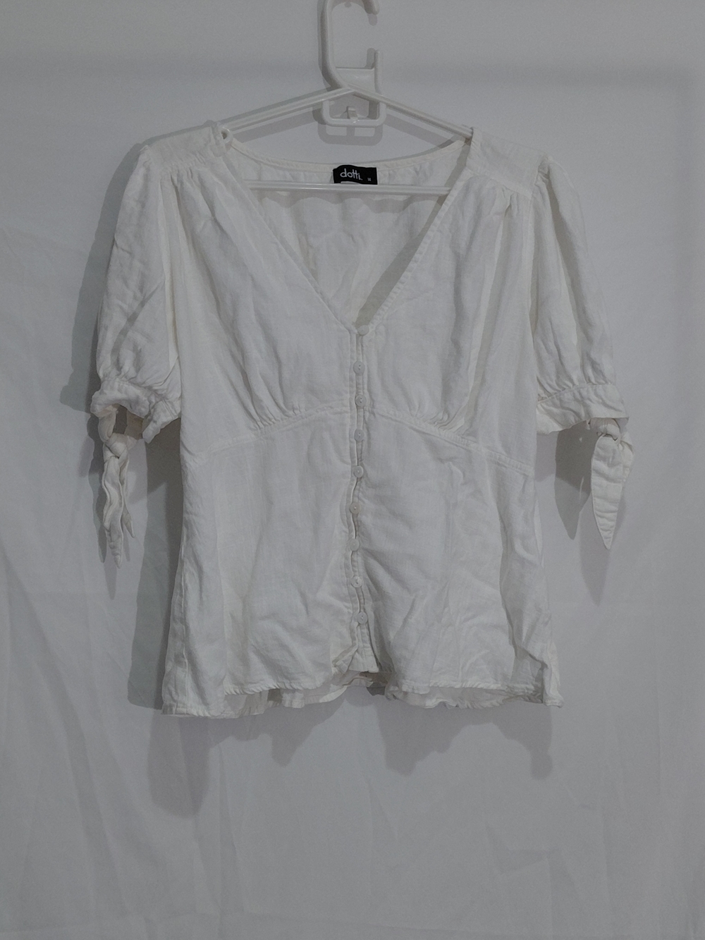 Dotti White V‑Neck Button Front Tie Sleeve Blouse
